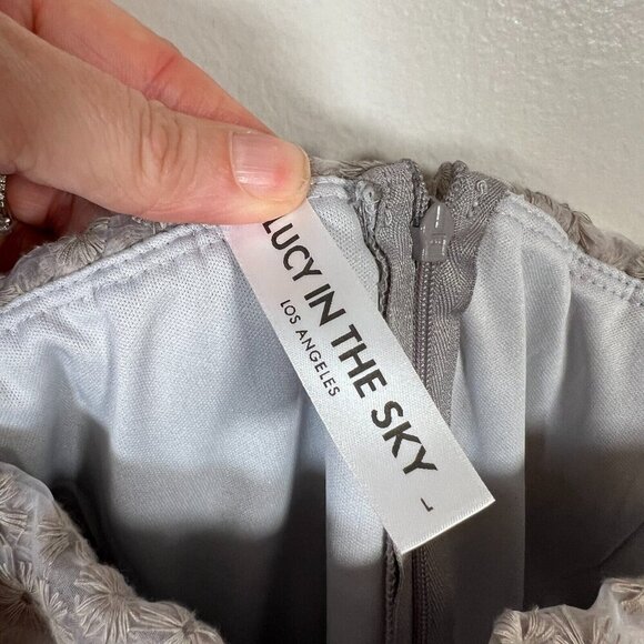 Lucy in the Sky Embroidered Floral Mini Dress Size Large Gray Party Bachelorette - Picture 4 of 11